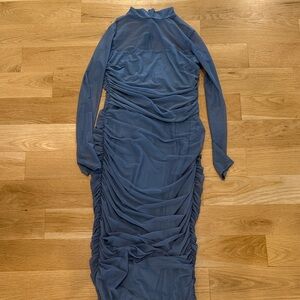 Impressive Flirt Slate Blue Mesh Ruched Mock Neck Midi Dress XL